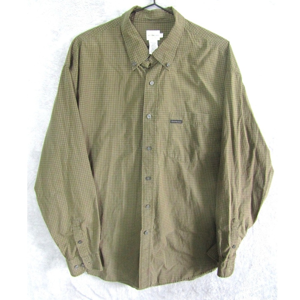 Calvin Klein Jeans Mens Long Sleeve Button Down Shirt Size L Olive Plaid Cotton
